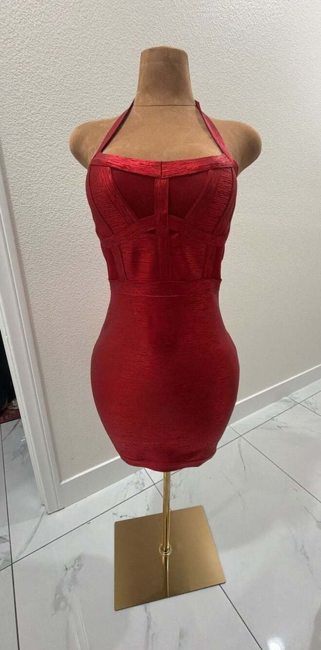 Bella Barnett Metallic Halter Bandage Dress Red